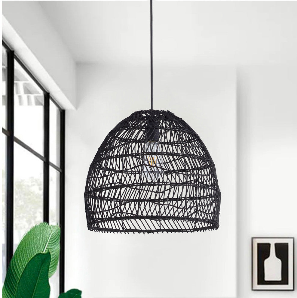 1-Light Hand Weave Cane Rib Bell Shape Pendant Lighting Chandelier, Black