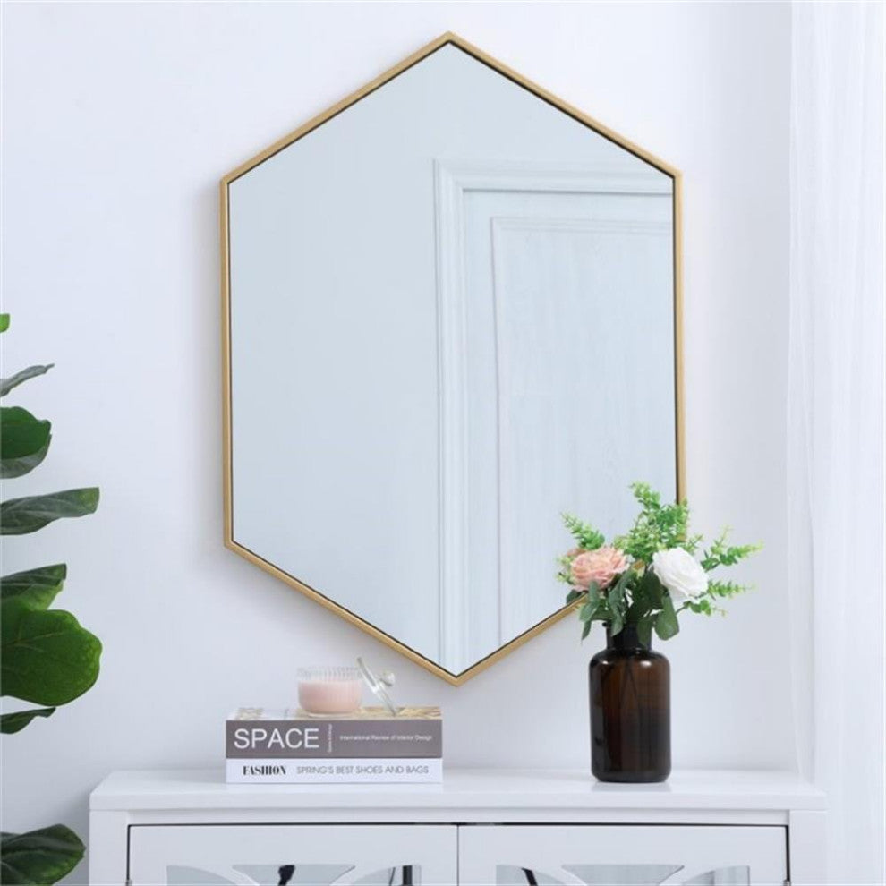 Elegant Decor Eternity 34" x 24" Hexagonal Metal Frame Mirror in Brass