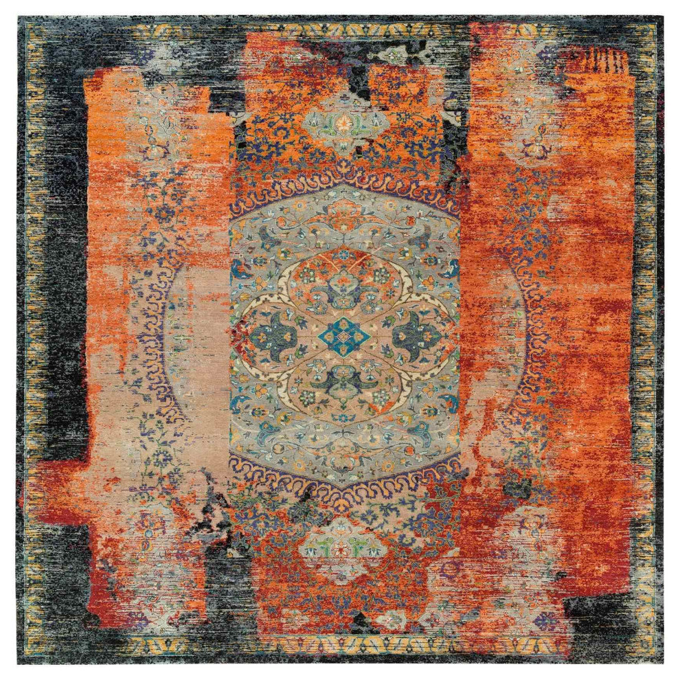 Orange Wool Hand Knotted Ancient Ottoman Erased Design Square Rug 12'1"x12'1"
