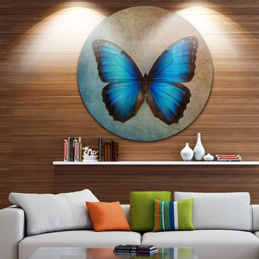 Blue Vintage Butterfly, Floral Disc Metal Artwork, 11"