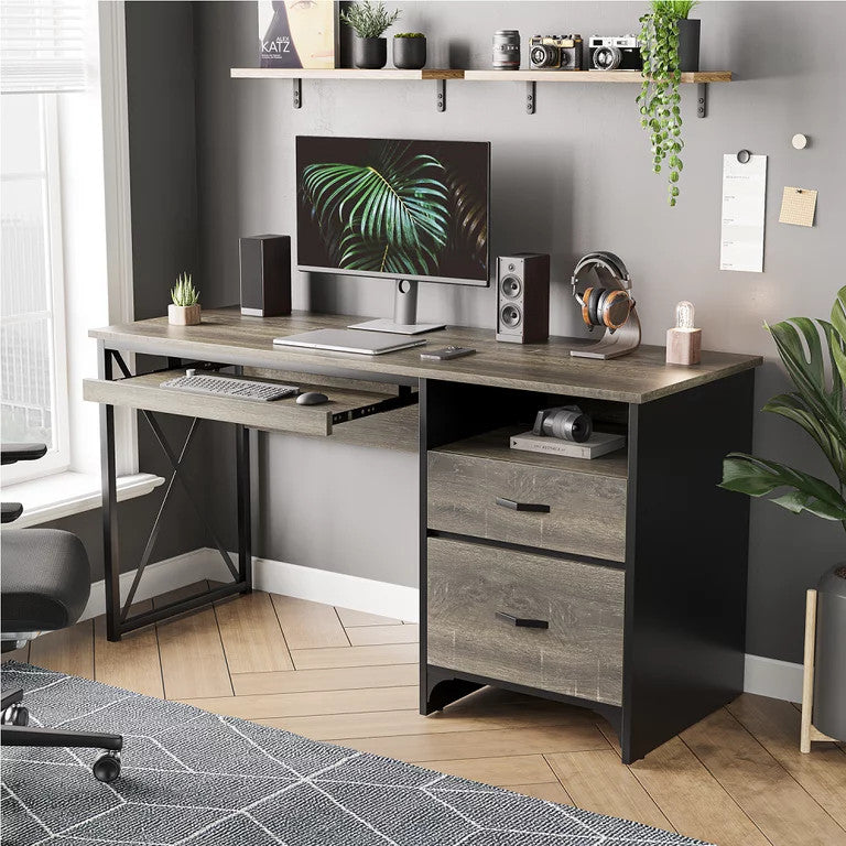 Industrial Desk, Spacious Top With Keyboard Tray & Storage Drawers, Dark Gray