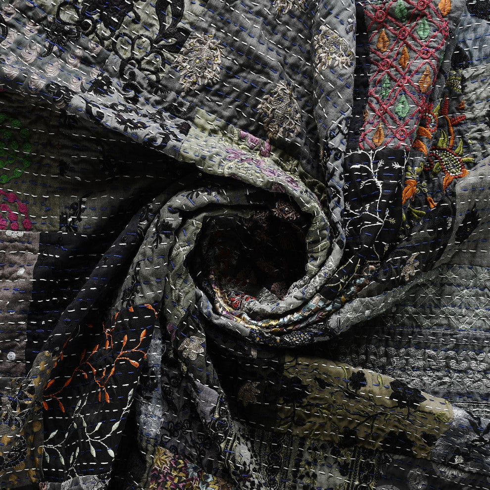 Gray Haze Quilted Boho Kantha Throw Blanket, 50" x 70"