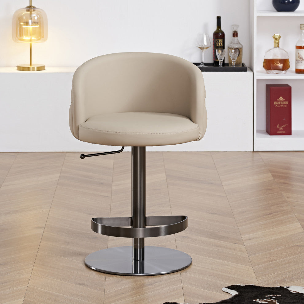 Khaki Leather Adjustable Height Swivel Bar stool, Black Chrome