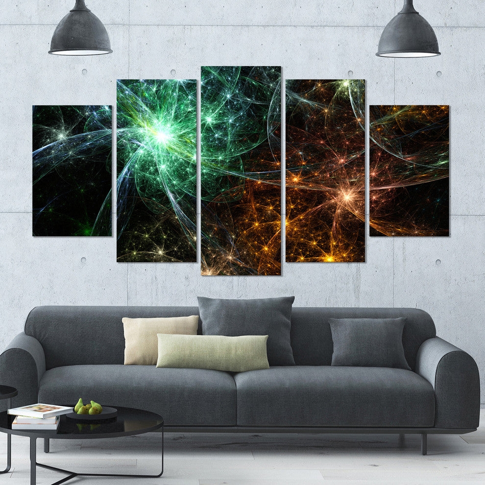 Green Orange Colorful Fireworks, Abstract Canvas Art Print, 60"x32", 5 Panels