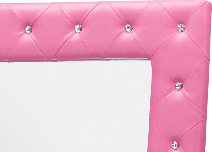 Stella Crystal Tufted Modern Pink Faux Leather Floor Mirror