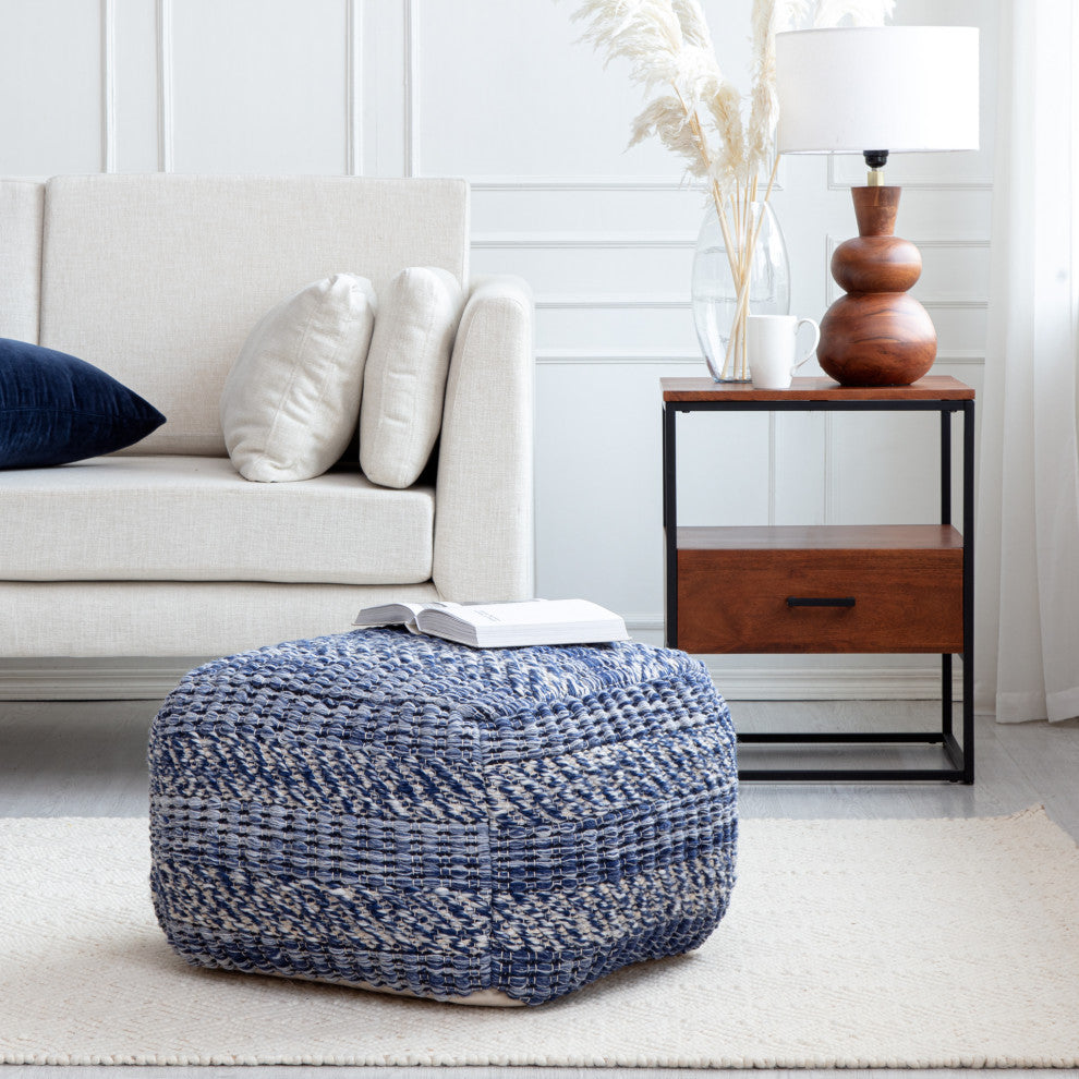 Navy Stripes 22" x 22" x 16" Navy and Ivory Pouf