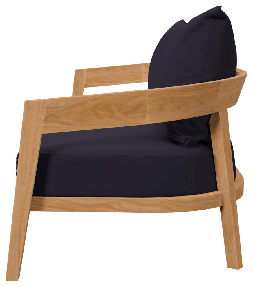 Sectional Sofa Chair Table Set, Blue Navy Natural, Teak Wood, Outdoor Patio