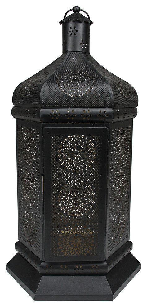 21.5" Black and Gold Moroccan Style Floral Cut-Out Pillar Candle Lantern