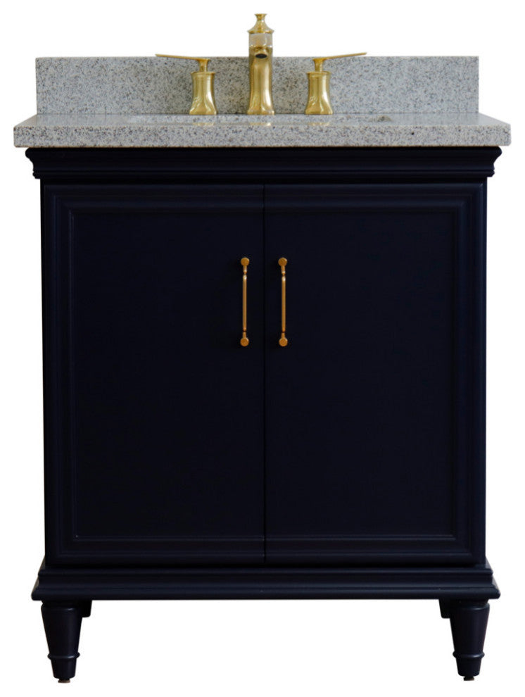 31" Single Vanity, Blue Finish With Gray Granite And Rectangle Sink