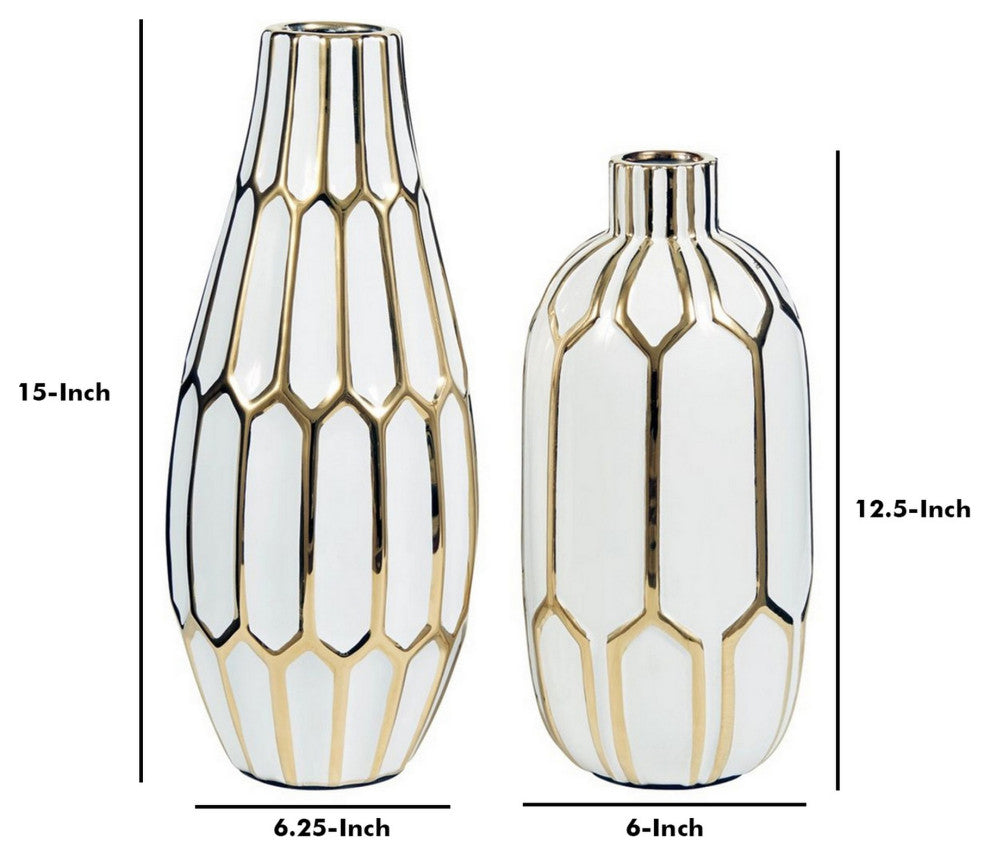 Benzara BM246946 Vase With Honeycomb Geometric Design, 2-Piece Set, White/Gold