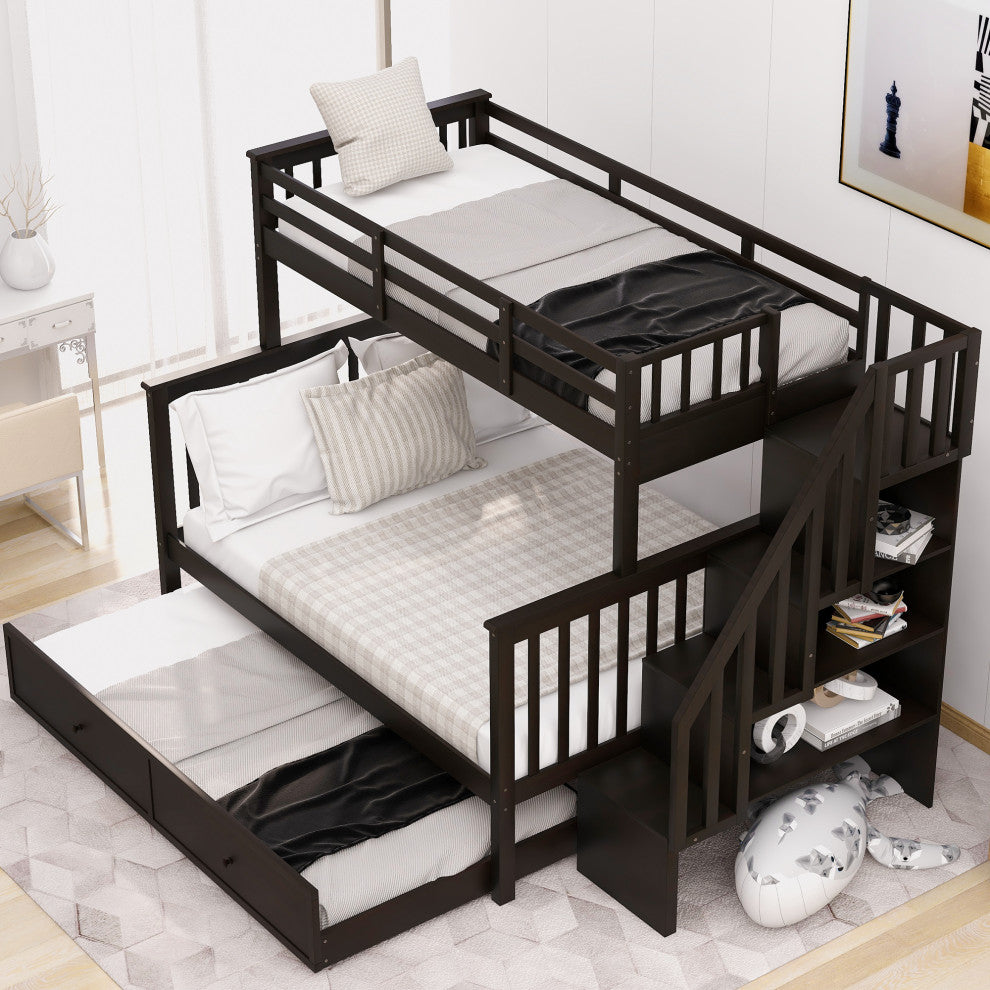 Gewnee Wood Twin-Over-Full Bunk Bed with Trundle and Stairway, Espresso