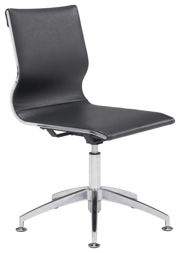 Modern Office Chair, Chrome Legs With Armless Faux Leather Seat & Back, Black