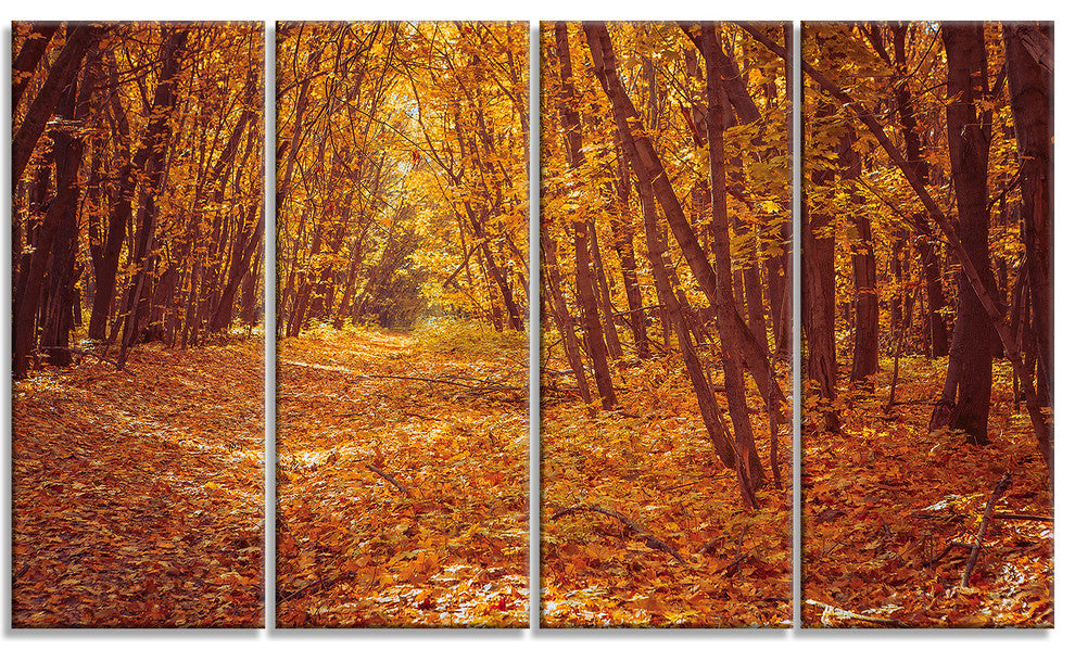 Yellow Forest and Fallen Leaves, Modern Forest Canvas Art, 48"x28", 4 Panels