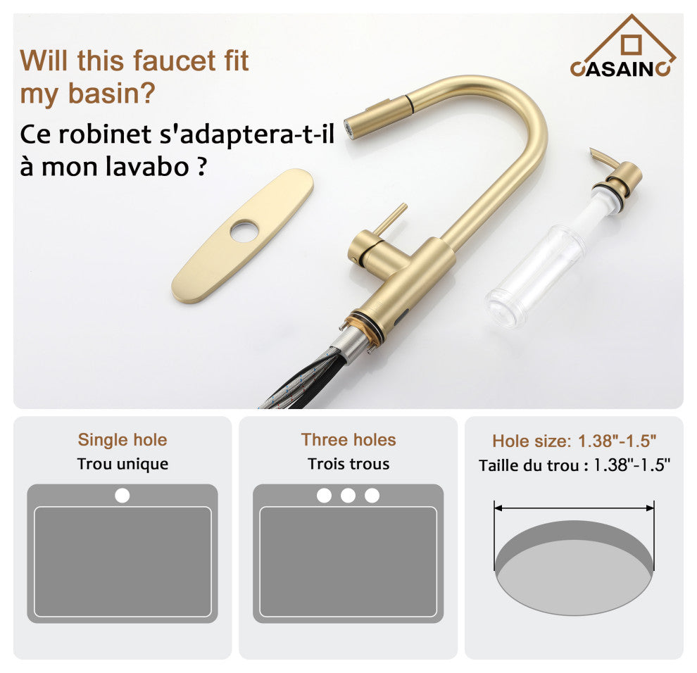 Touchless Pull Down Single Handle Kitchen Faucet With LED Function, Brushed Gold