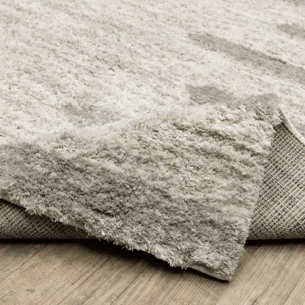 2' X 8' Ivory And Grey Geometric Shag Power Loom Stain Resistant Runner Rug