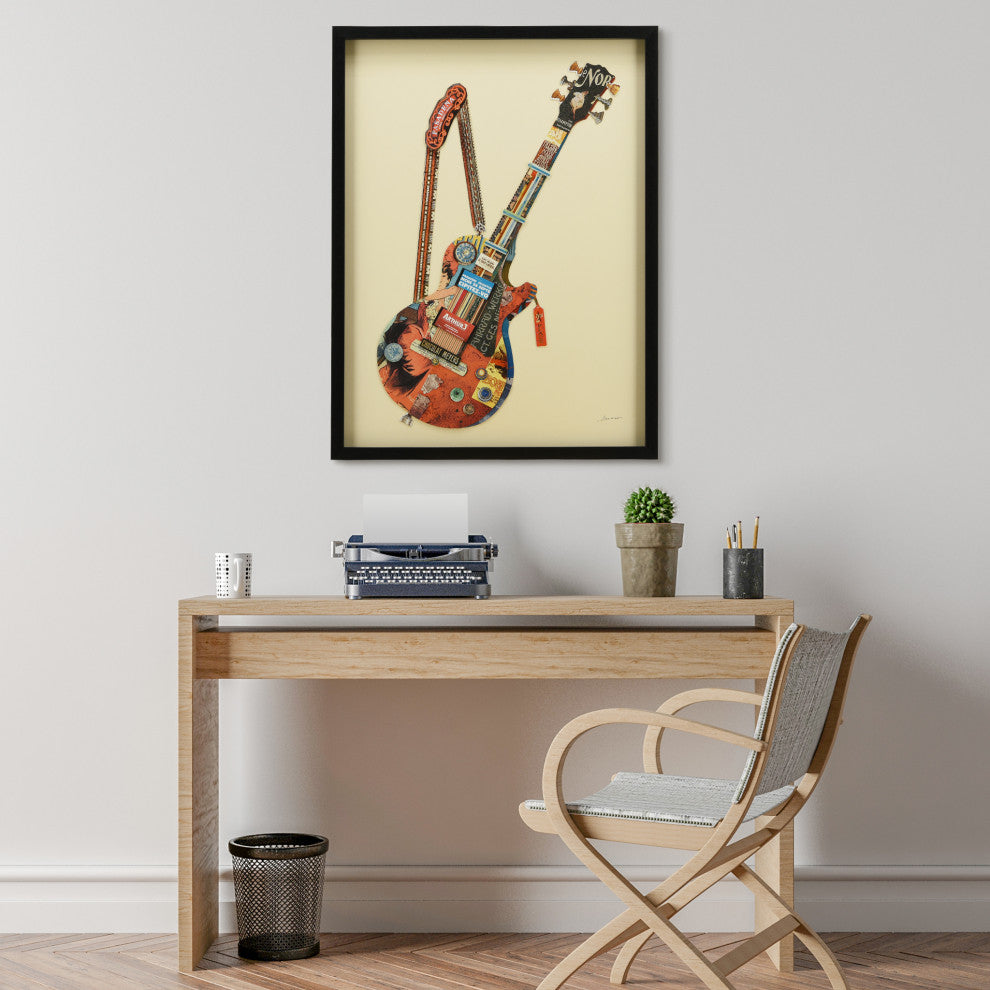 Electric Guitar Hand Made Dimensional Collage Framed Wall Art Under Glass