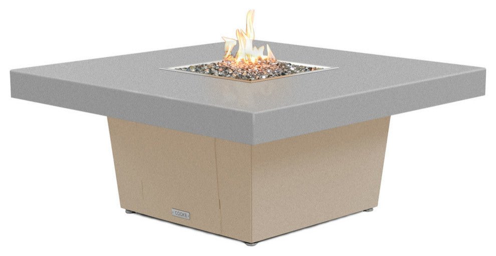 Square Fire Pit Table, 48x48, Chat Height, Propane, Hilltop Grey Top, Beige