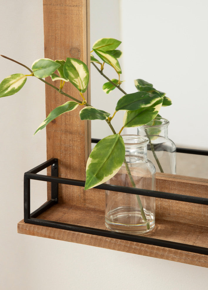 Cates Framed Wall Mirror with Shelf, Rustic Brown 24x31