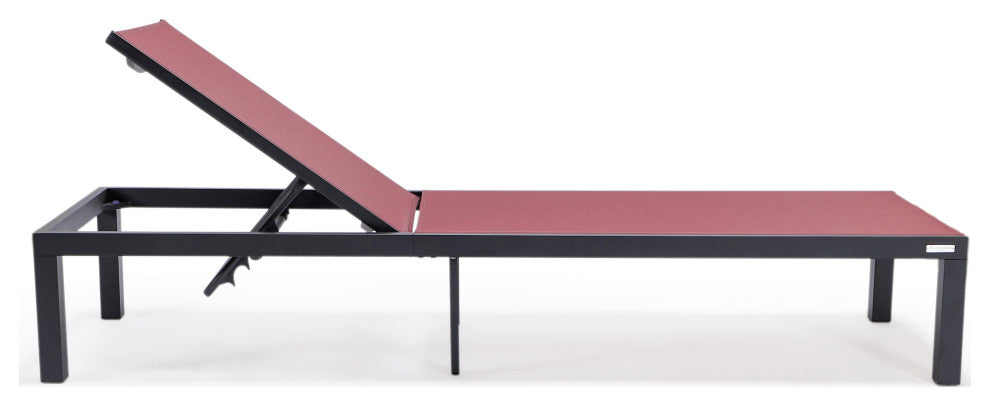 LeisureMod Marlin Black Patio Chaise Lounge Chair with Fire Pit Table, Burgundy