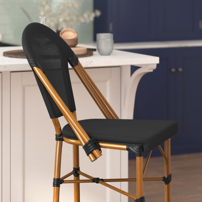 Marseille Stackable Indoor/Outdoor Bistro 30" High Barstool, Commercial Grade, Black/Natural Frame
