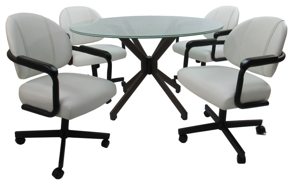 Glass Dinette Set M-70 Swivel Caster Chairs, White Vinyl - Black