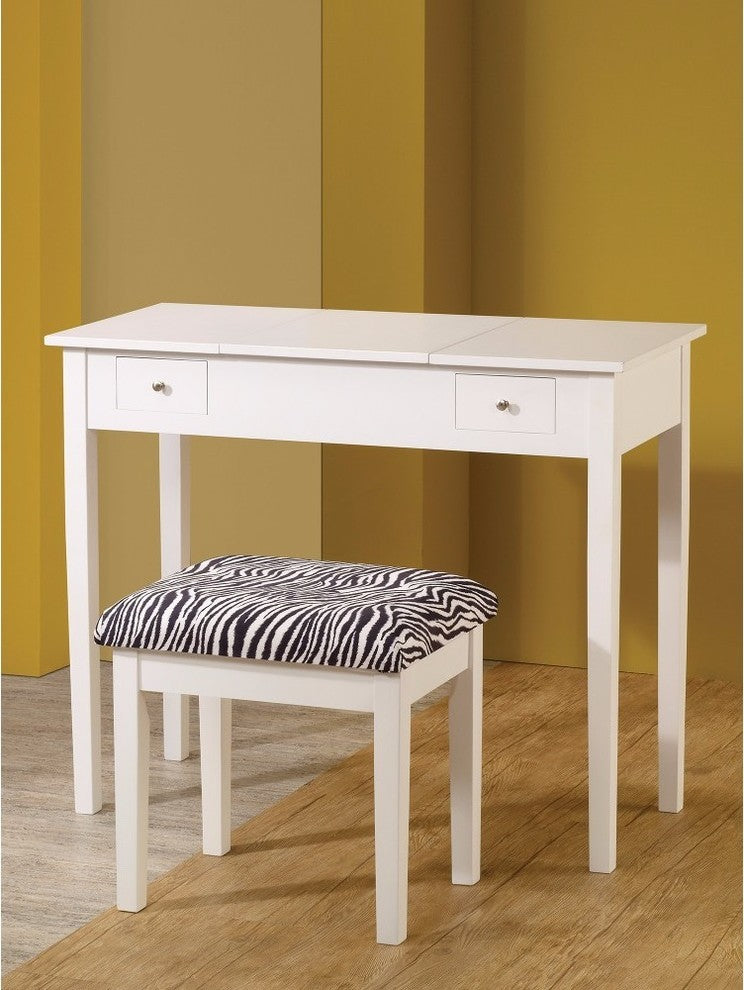 Contemporary Lift-Top Vanity with Upholstered Stool, 2 Piece, White