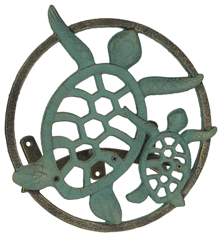 Verdigris Bronze Finish Cast Iron Sea Turtle Wall Mounted Garden Hose Holder