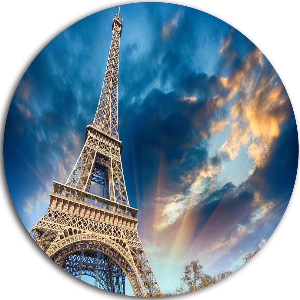 Beautiful View Paris Eiffel Tower Under Fiery Sky, Round Wall Art, 36"
