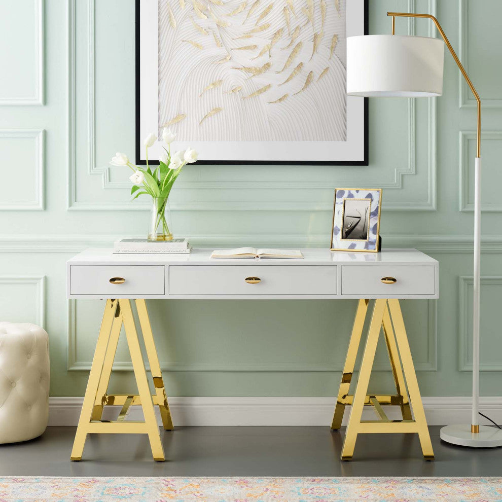 Computer Work Desk Entry Table, Wood, Metal, Gold White, Home Business Office