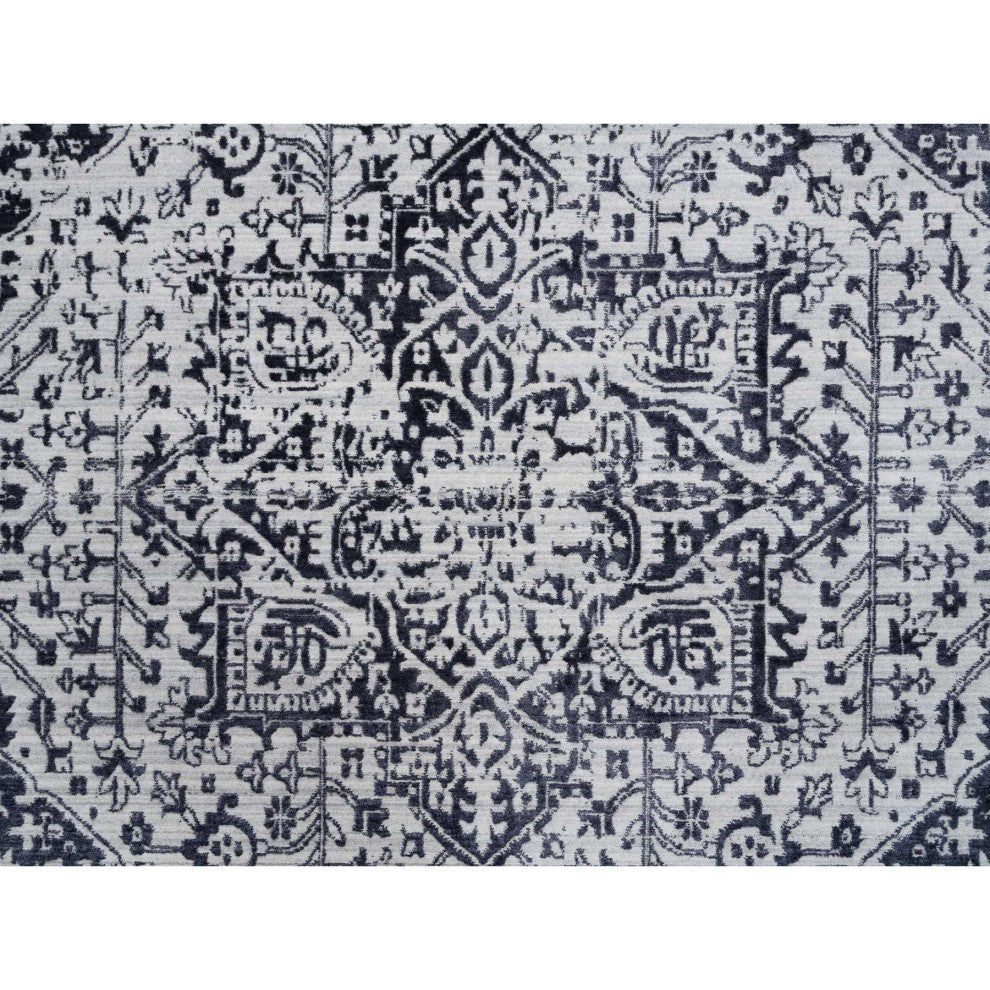 Black Erased Serapi Heriz Design Wool and Silk Hand Loomed Rug 9'0" x 11'10"