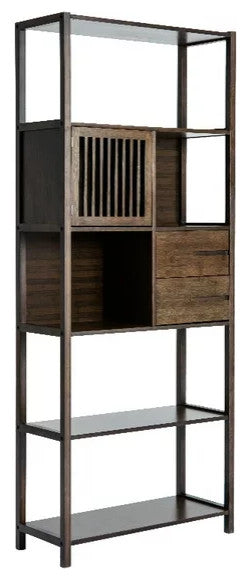 Rustic Bookcase, Wooden Construction With Open Cubbies & Drawers, Dark Brown