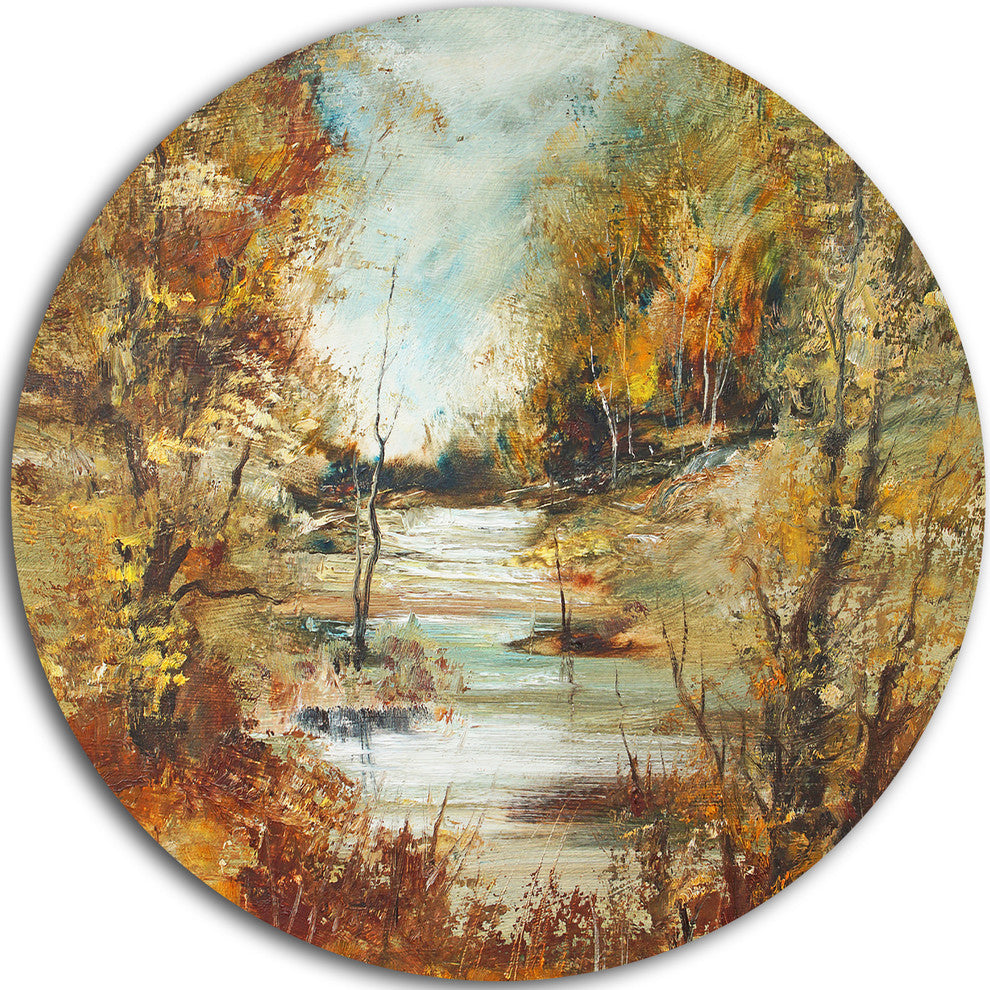 Brown River In Forest, Landscape Painting Round Wall Art, 11"