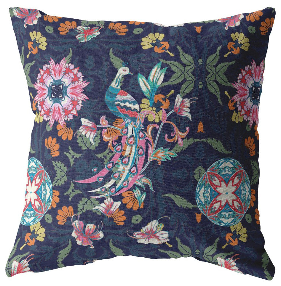 18" Navy Pink Peacock Zippered Suede Throw Pillow