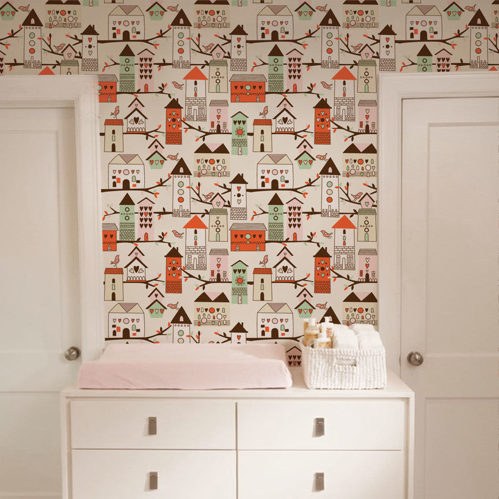 Birdhouse Peel and Stick Vinyl Wallpaper , Orange, 24"w X 60"h