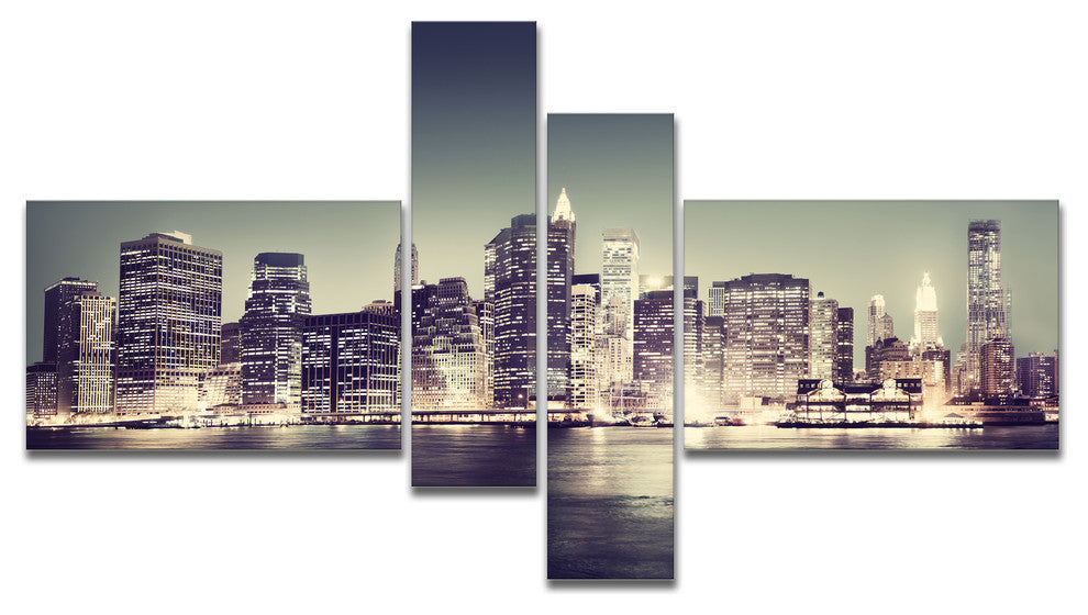 Black and White NYC Night Panorama, Extra Large Canvas Print, 60"x32", 4 panels