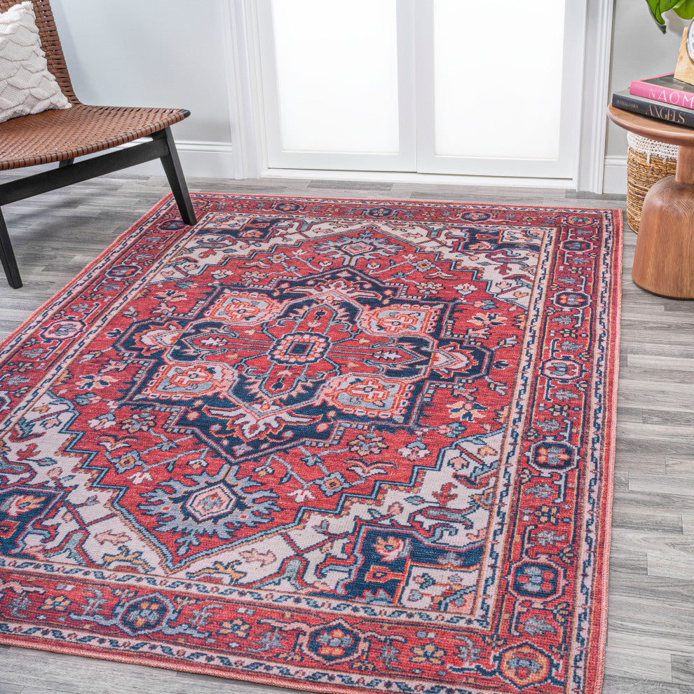 Cirali Ornate Large Medallion Machine Washable Indoor Area Rug, Red/Navy, 4 X 6