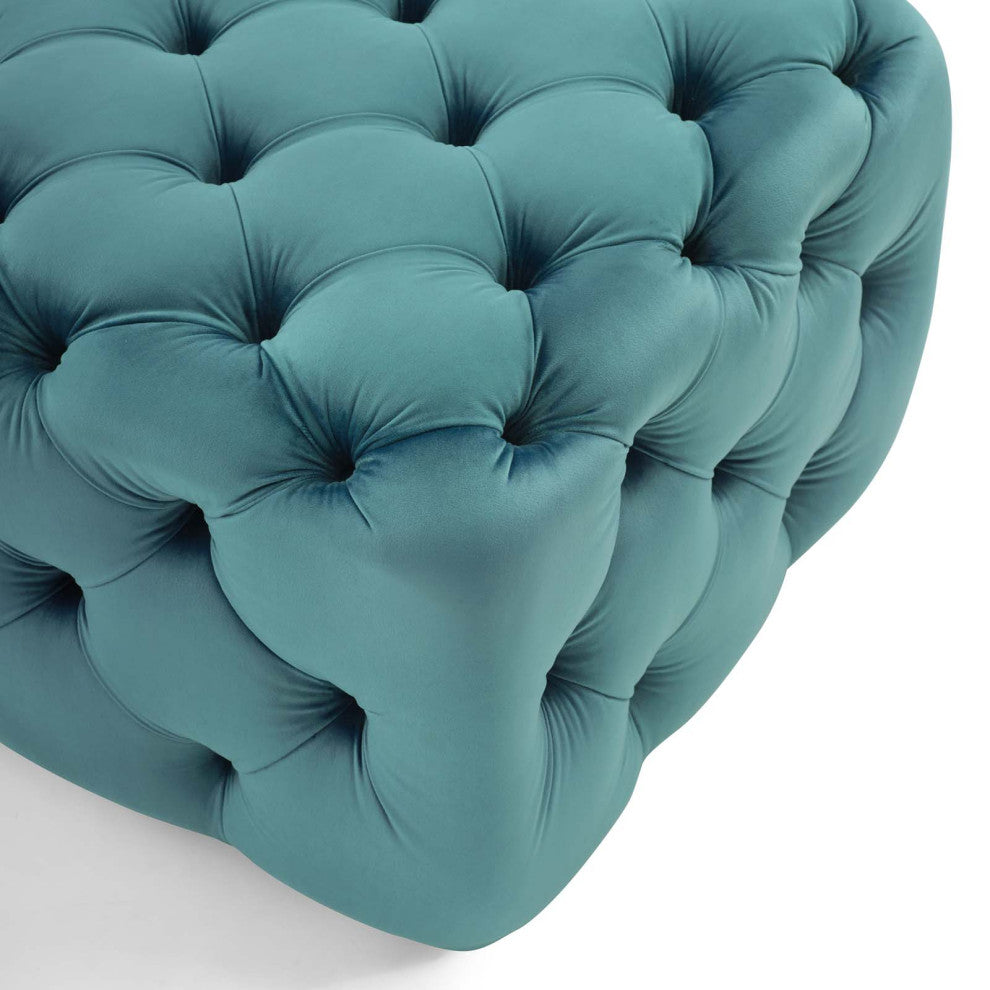 Tufted Accent Chair Ottoman, Square, Velvet, Blue, Modern, Lounge Hospitality