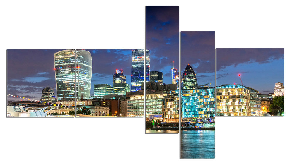 Thames River at Night, Cityscape Photography Canvas Print, 60"x32", 5 panels