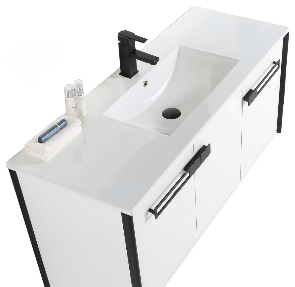 Oakville Wall Mount Bathroom Vanity, White Matte, 48", Black Hardware