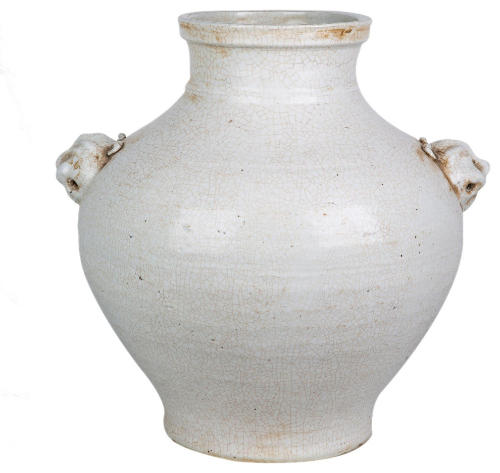 Double Lion Head Handle Jar White Crackle