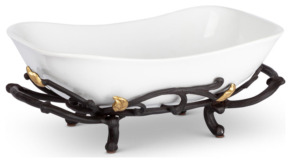 White Stoneware Serving Bowl with Metal Gold Leaf Base with Handles