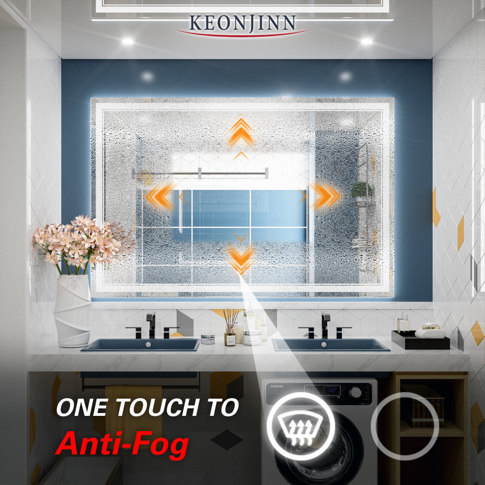3-Colors LED Bathroom Mirror, Anti-Fog Memory Dimmable, Sliver, 60"x40"