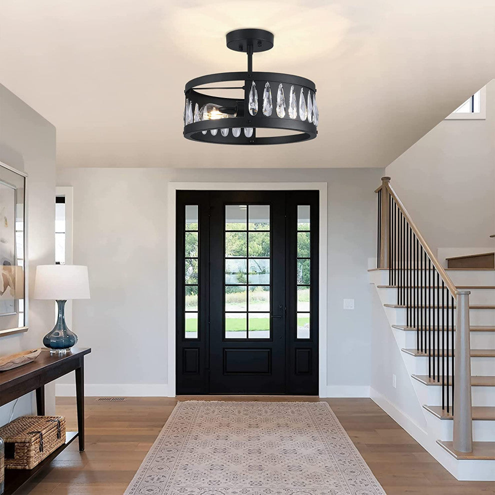 2 Light Semi Flush Ceiling Light, Crystal, Industrial Ceiling Lamp