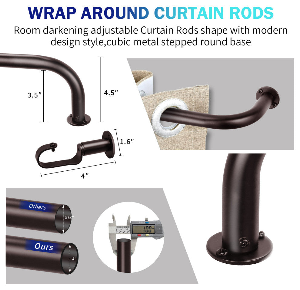 Energy Saving Wrap Around Black Out Return Adjustable Window Curtain Metal Rod, Bronze, 32-52"