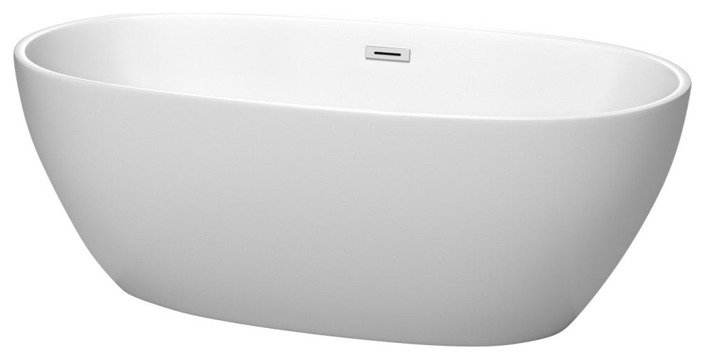 Juno 63" Freestanding Matte White Tub, Polished Chrome Drain and Overflow Trim