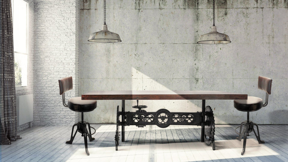 Steampunk Adjustable Dining Table - Iron Crank Base - Walnut Top