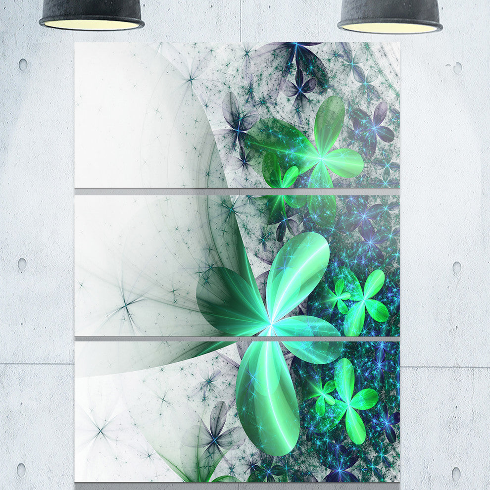 "Sparkling Green and Blue Fractal Flower" Metal Wall Art, 3 Panels, 28"x36"
