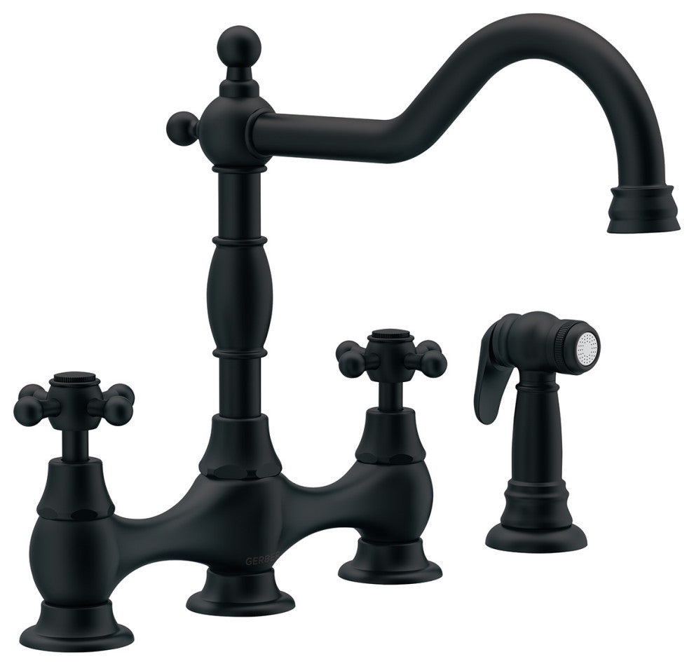Opulence Two Handle Bridge Kitchen Faucet w/ Sidespray Chrome, Satin Black