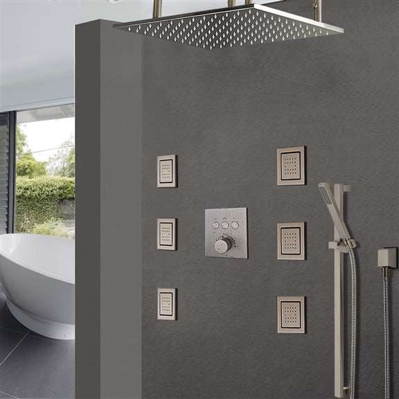 FontanaShowers Brushed Nickel Ceiling Mount Rainfall Shower Set, Thermostat