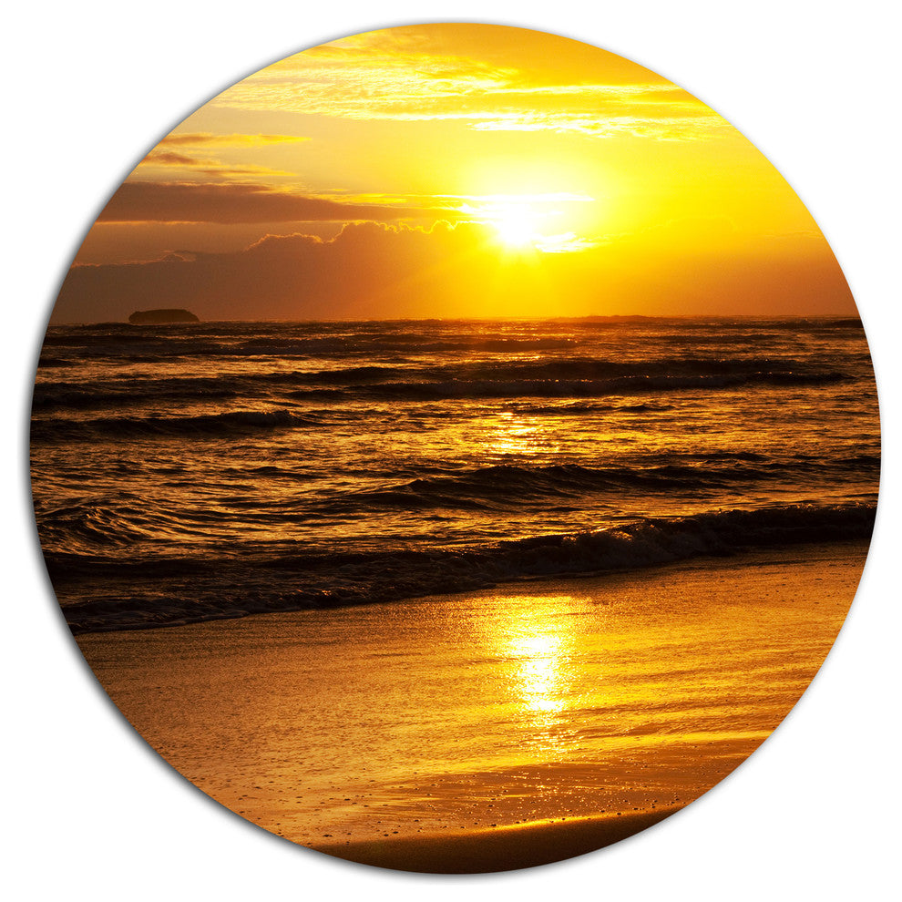 Bright Yellow Sunset Over Dark Sea, Beach Large Disc Metal Artwork, 11"